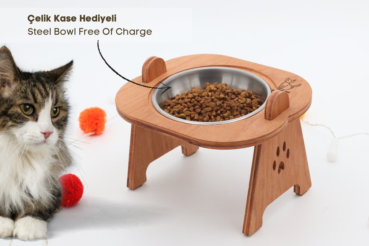 Kedi Köpek Mama Ve Su Kabı-Kaliteli  Çelik Bir Adet Kase Hediyeli-Kontraplak Ahşap-Armut Kiraz-BuShop Mişa 