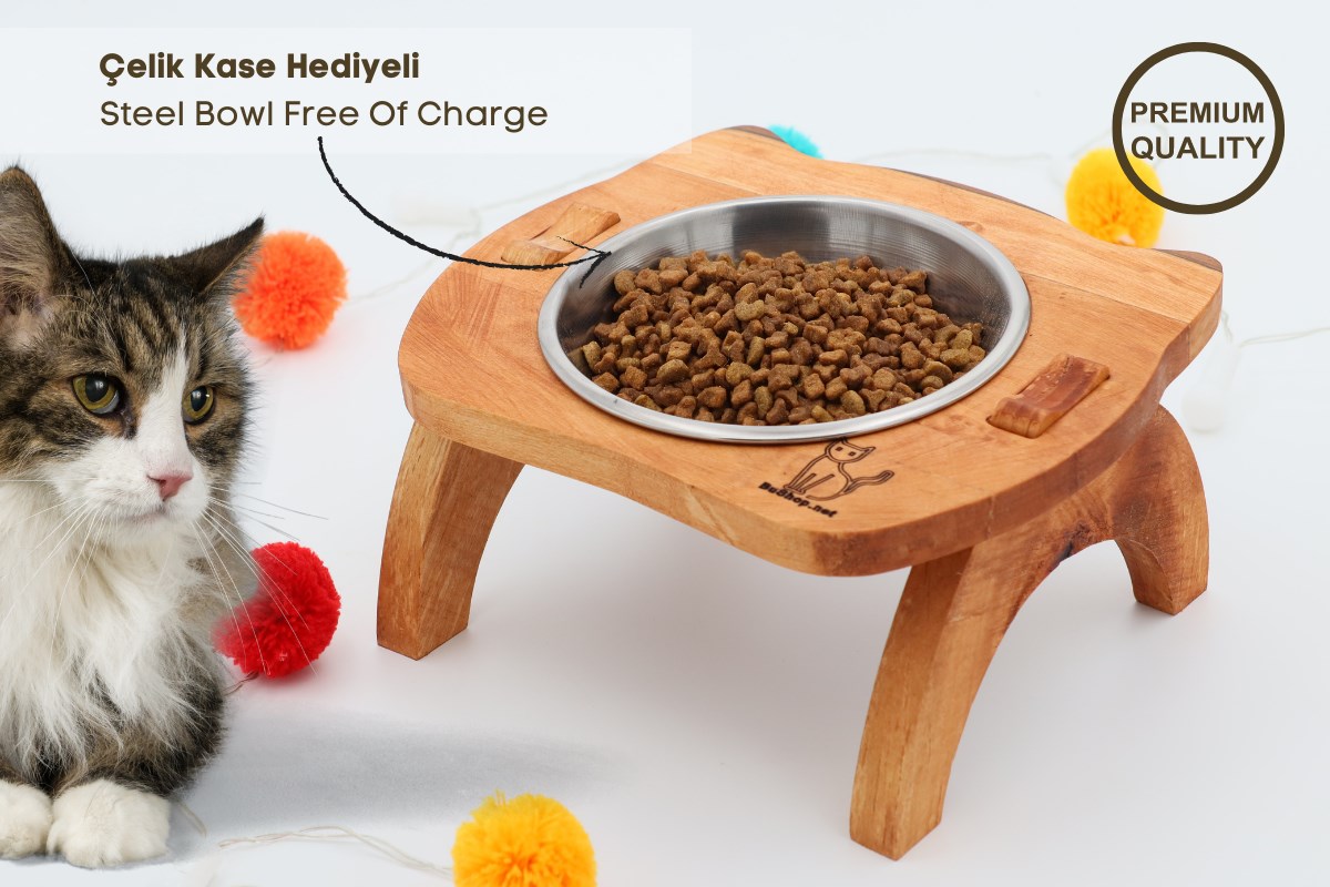 Kedi Köpek Mama Ve Su Kabı-Kaliteli  Çelik Bir Adet Kase Hediyeli-Gerçek Ahşap-Armut Kiraz-BuShop Mızmız 