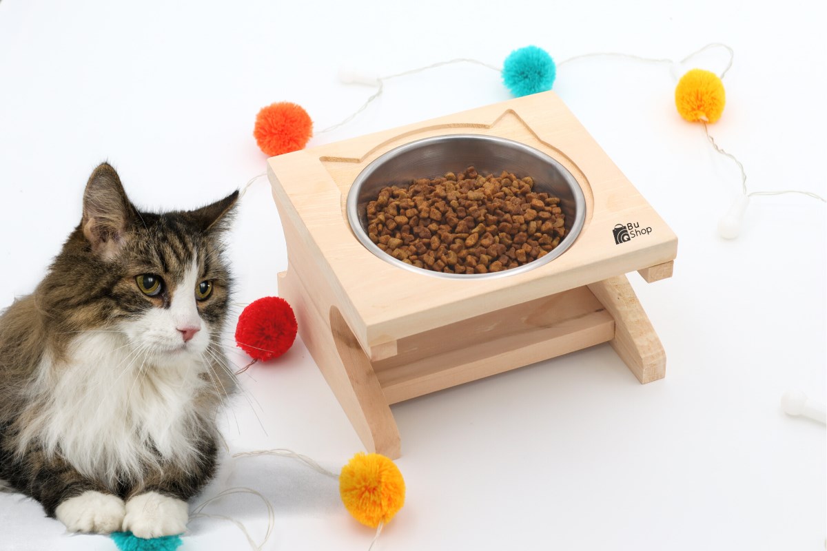 Kedi Köpek Mama Ve Su Kabı-Kaliteli Çelik Tek Kase Hediyeli-Gerçek Ham Ahşap-BuShop Katya 