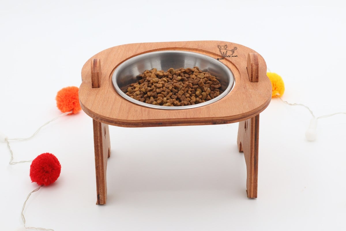 Kedi Köpek Mama Ve Su Kabı-Kaliteli  Çelik Bir Adet Kase Hediyeli-Kontraplak Ahşap-Armut Kiraz-BuShop Mişa 