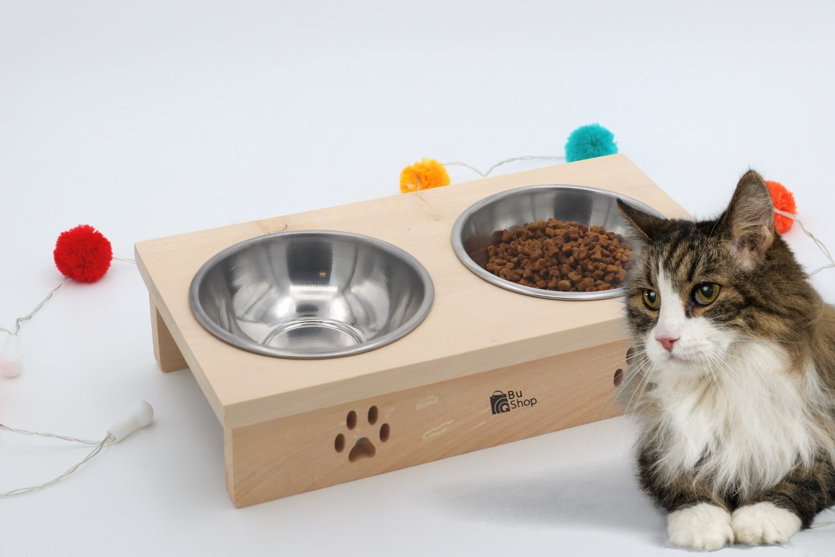 Kedi Köpek Mama Ve Su Kabı-Gerçek Ahşap + Kaliteli Çelik - İki Adet Kase - BuShop Yumak