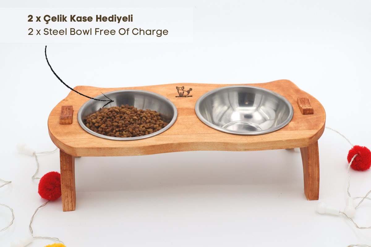 Kedi Köpek Mama Ve Su Kabı-Kaliteli  Çelik İki Adet Kase Hediyeli-Gerçek Ahşap-Armut Kiraz-BuShop Mızmız 