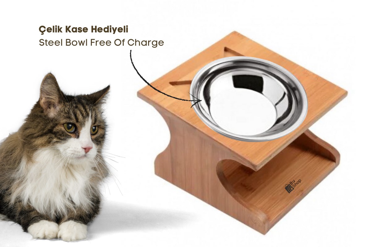 Kedi Köpek Mama ve Su kabı Çelik Tek kase Kontrplak Ahşap BuShop Katya