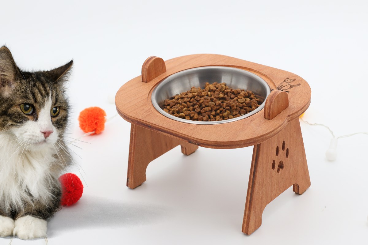 Kedi Köpek Mama Ve Su Kabı-Kaliteli  Çelik Bir Adet Kase Hediyeli-Kontraplak Ahşap-Armut Kiraz-BuShop Mişa 