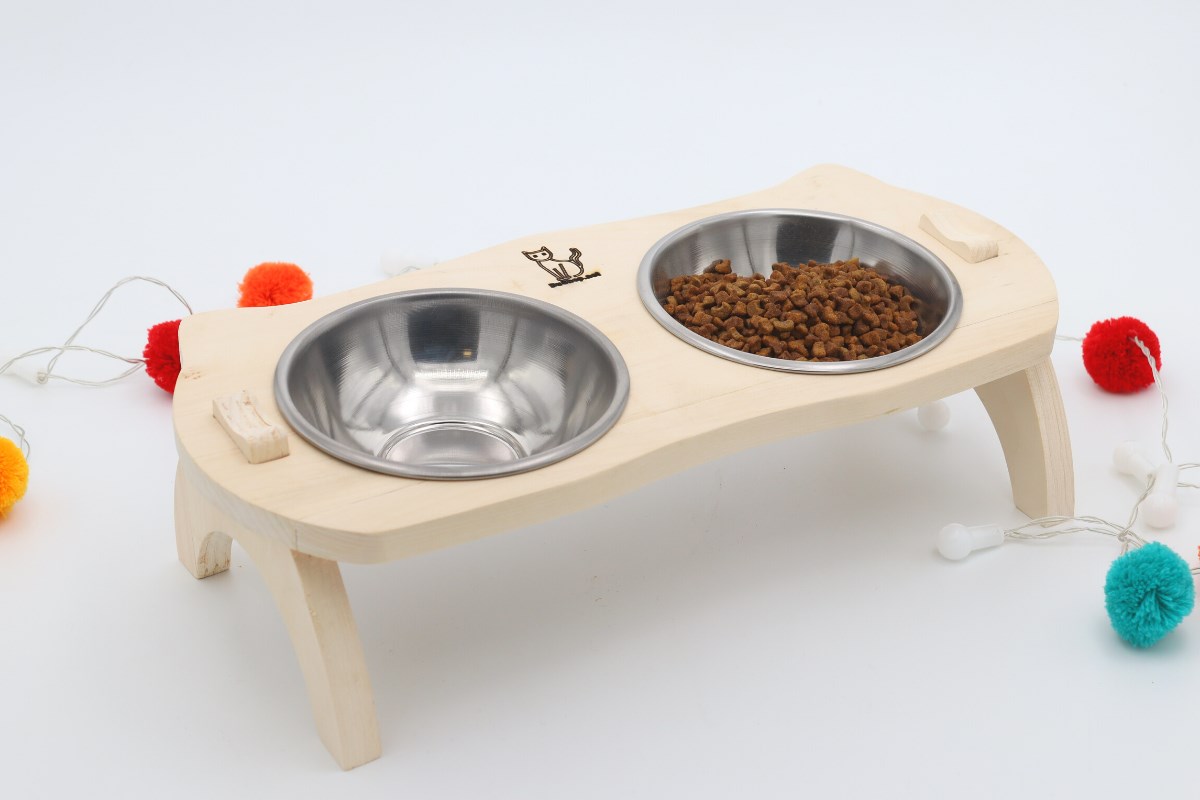 Kedi Köpek Mama Ve Su Kabı-Kaliteli  Çelik İki Adet Kase Hediyeli-Gerçek Ahşap-Ham Boyasız-BuShop Mızmız 