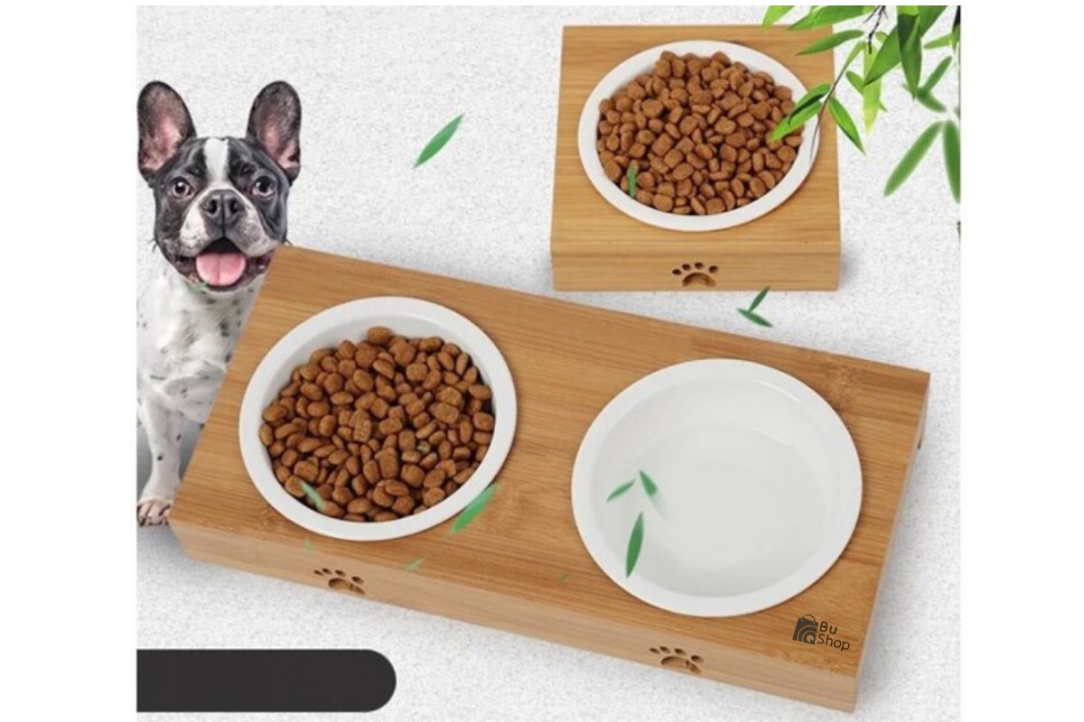 Kedi Köpek Mama Ve Su Kabı-Kırılmaz Melamin İki Adet Kase Hediyeli-Kontrplak Ahşap-BuShop Yumak 