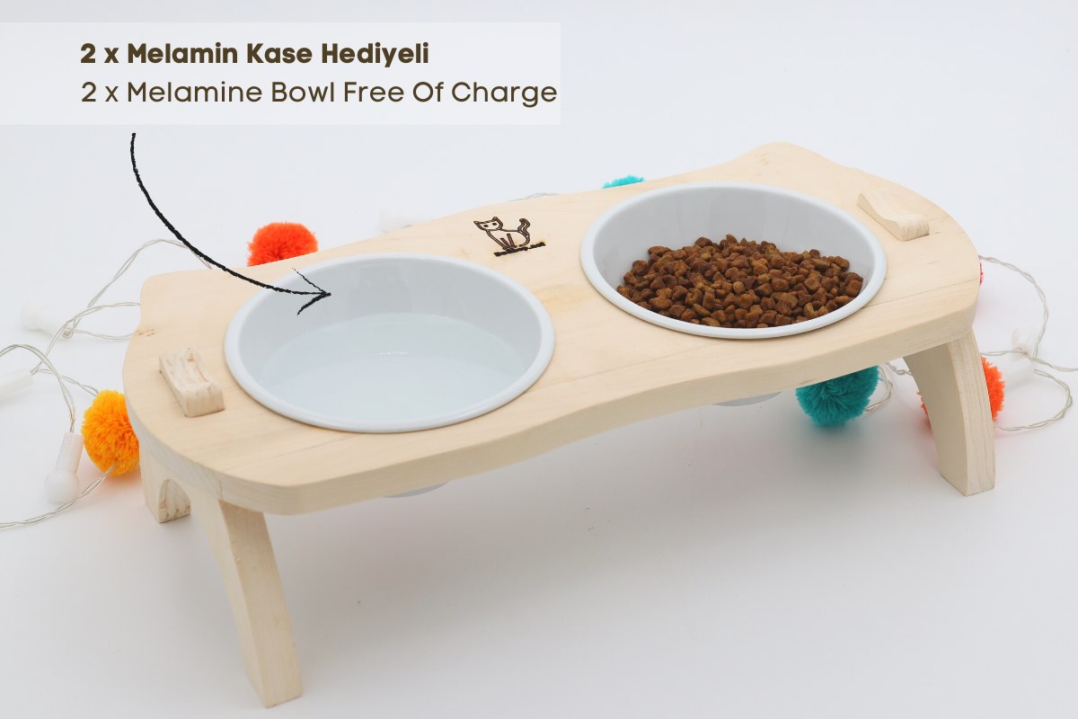 Kedi Köpek Mama Ve Su Kabı-Kırılmaz Melamin İki Adet Kase Hediyeli-Gerçek Ahşap-Ham Boyasız-BuShop Mızmız