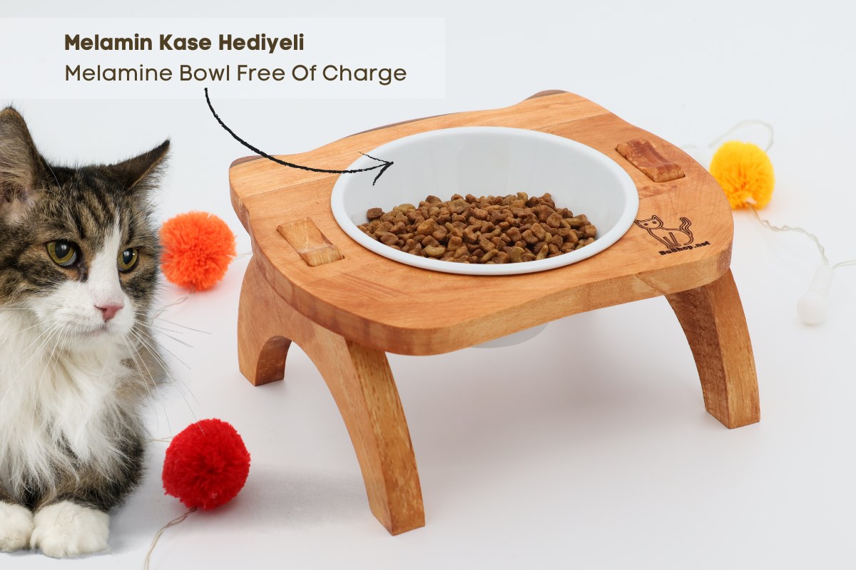 Kedi Köpek Mama Ve Su Kabı-Kırılmaz Melamin Bir Adet Kase Hediyeli-Gerçek Ahşap-Armut Kiraz-BuShop Mızmız 
