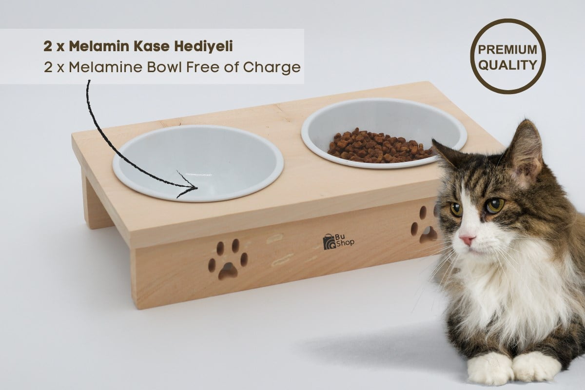 Kedi Köpek Mama Ve Su Kabı-Kırılmaz Melamin İki Adet Kase Hediyeli-Gerçek Ahşap-BuShop Yumak 