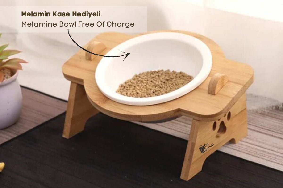 Kedi Köpek Mama Ve Su Kabı-Kırılmaz Melamin Bir Adet Kase Hediyeli-Gerçek Ahşap-Kayın Renk-BuShop Mişa 