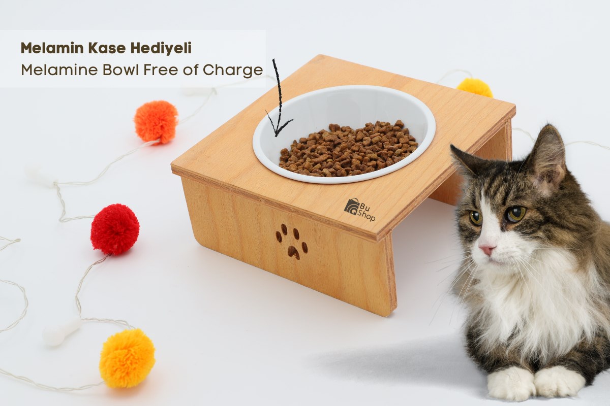 Kedi Köpek Mama Ve Su Kabı-Kırılmaz Melamin Tekli Kase Hediyeli-Kontraplak Ahşap-BuShop Yumak 
