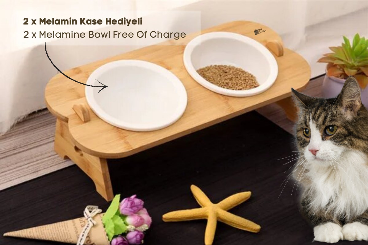 Kedi Köpek Mama Ve Su Kabı-Kırılmaz Melamin İki Adet Kase Hediyeli-Gerçek Ahşap-Kayın Renk-BuShop Shell 