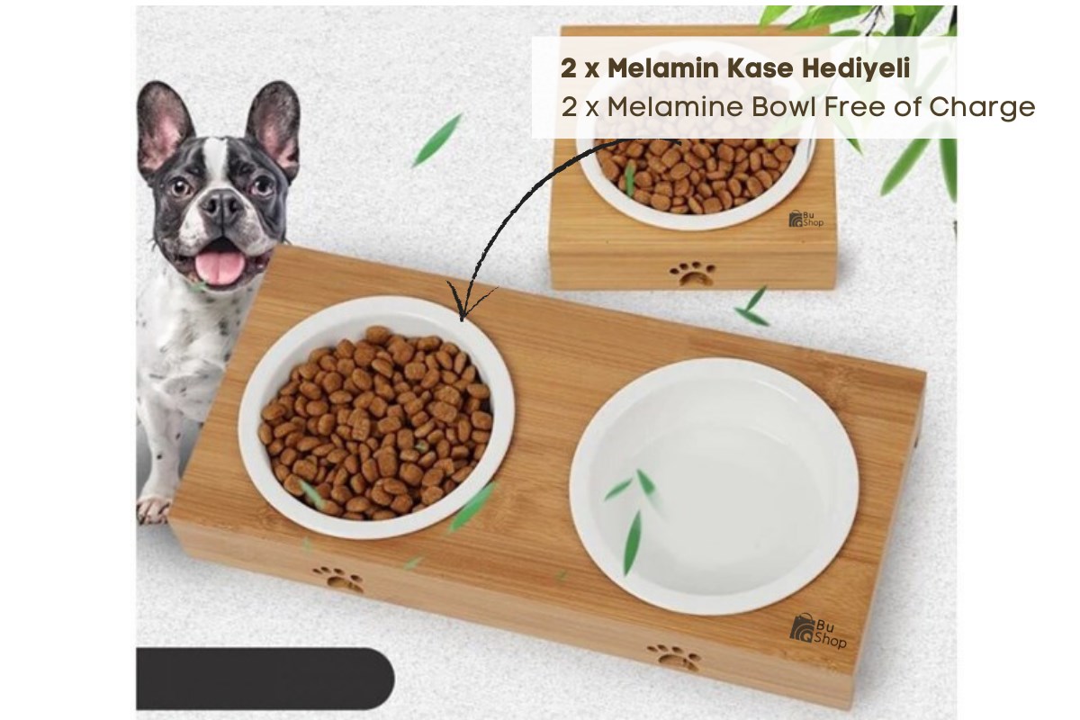Kedi Köpek Mama Ve Su Kabı-Kırılmaz Melamin İki Adet Kase Hediyeli-Kontrplak Ahşap-BuShop Yumak 