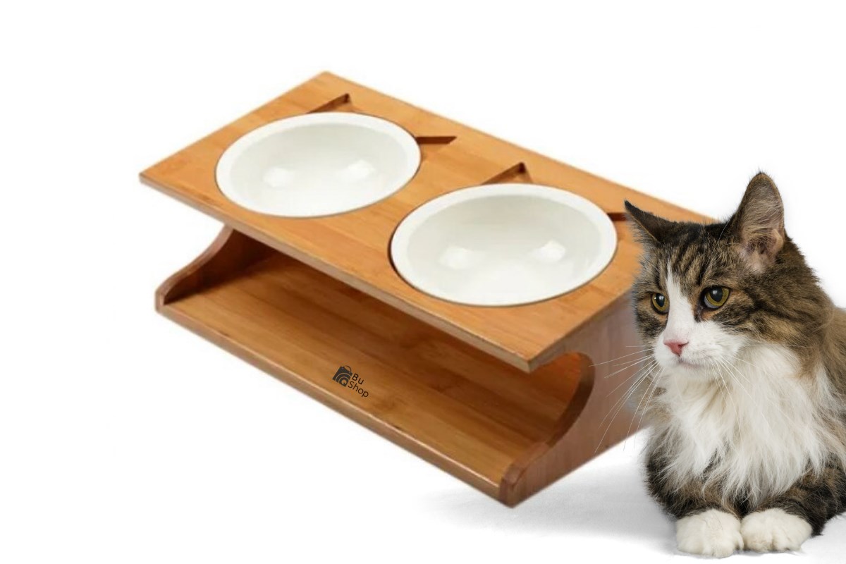 Kedi Köpek Mama Ve Su Kabı-Kırılmaz Melamin İki Adet Kase Hediyeli-Kontrplak Ahşap-BuShop Katya