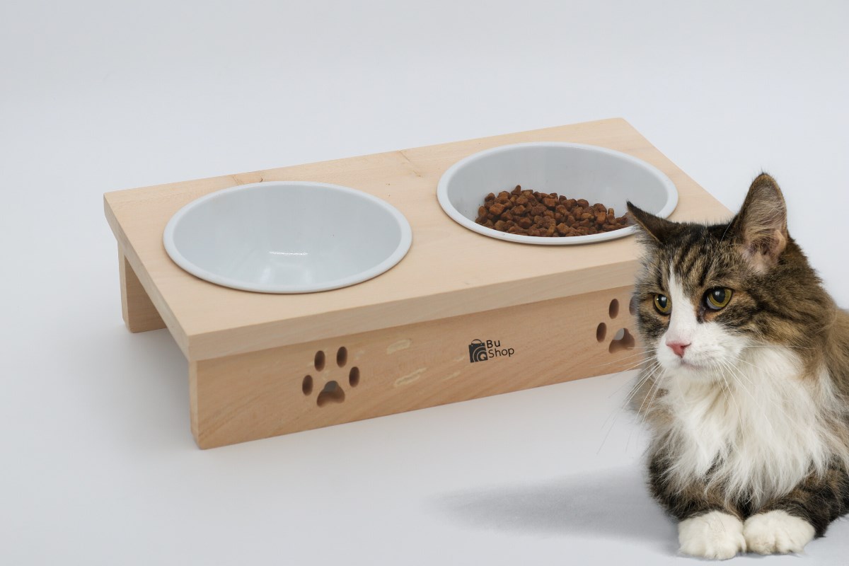 Kedi Köpek Mama Ve Su Kabı-Kırılmaz Melamin İki Adet Kase Hediyeli-Gerçek Ahşap-BuShop Yumak 