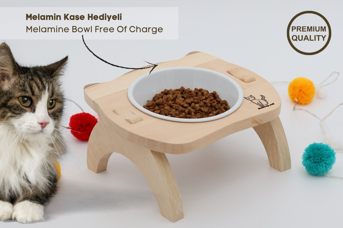 Kedi Köpek Mama Ve Su Kabı-Kırılmaz Melamin Bir Adet Kase Hediyeli-Gerçek Ahşap-Ham Boyasız-BuShop Mızmız 