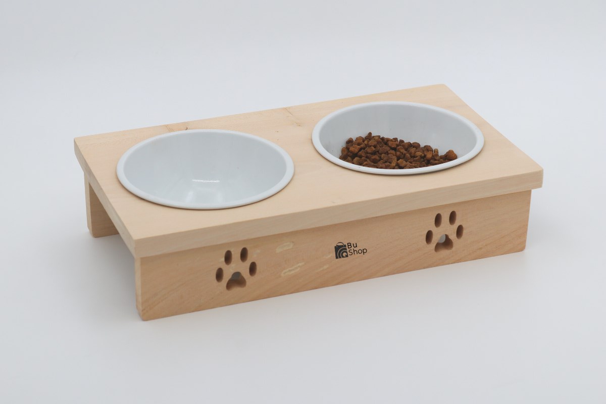Kedi Köpek Mama Ve Su Kabı-Kırılmaz Melamin İki Adet Kase Hediyeli-Gerçek Ahşap-BuShop Yumak 