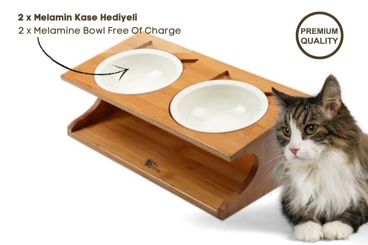 Kedi Köpek Mama Ve Su Kabı-Kırılmaz Melamin İki Adet Kase Hediyeli-Kontrplak Ahşap-BuShop Katya