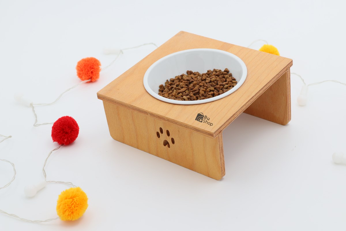Kedi Köpek Mama Ve Su Kabı-Kırılmaz Melamin Tekli Kase Hediyeli-Kontraplak Ahşap-BuShop Yumak 