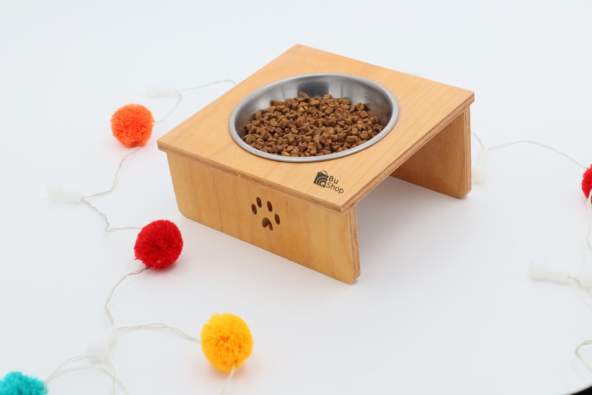 Kedi Köpek Mama Ve Su Kabı-Kaliteli Çelik Tekli Kase Hediyeli-Kontraplak Ahşap-BuShop Yumak 