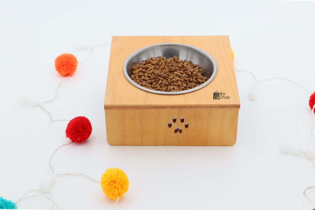 Kedi Köpek Mama Ve Su Kabı-Kaliteli Çelik Tekli Kase Hediyeli-Kontraplak Ahşap-BuShop Yumak 