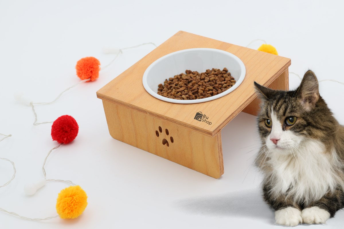 Kedi Köpek Mama Ve Su Kabı-Kırılmaz Melamin Tekli Kase Hediyeli-Kontraplak Ahşap-BuShop Yumak 
