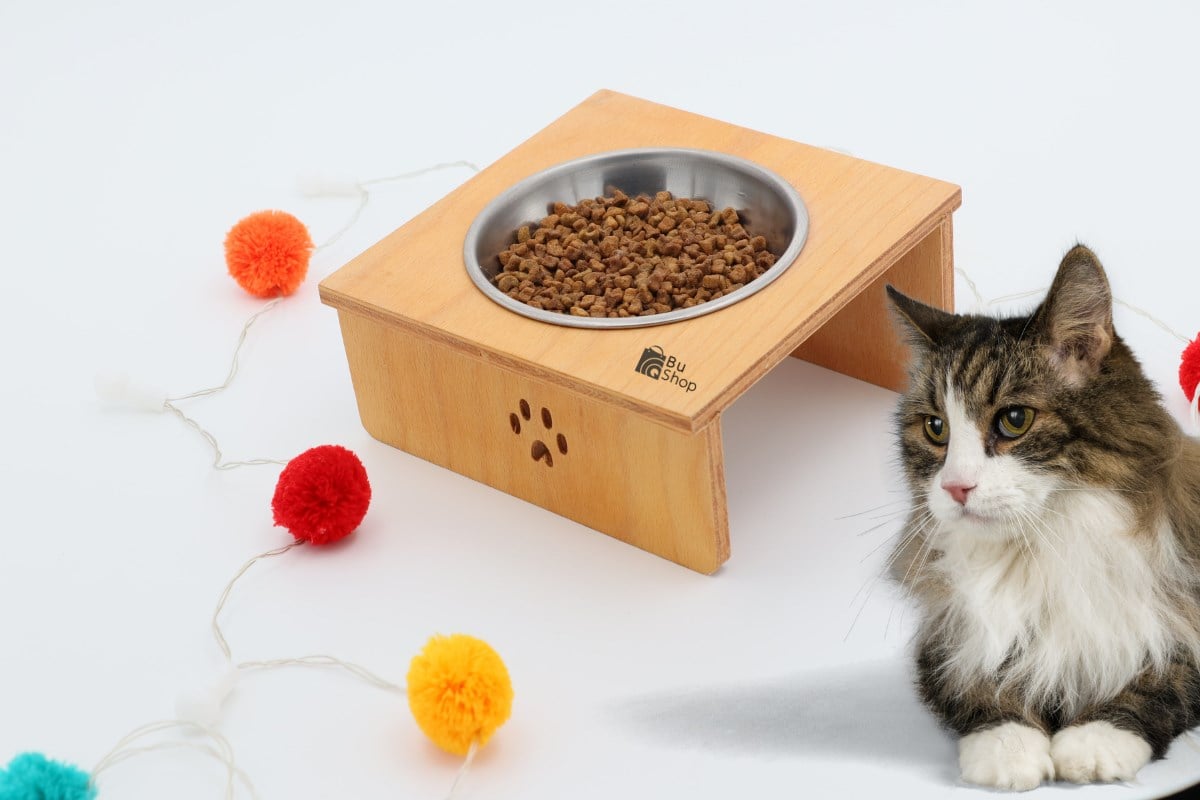 Kedi Köpek Mama Ve Su Kabı-Kaliteli Çelik Tekli Kase Hediyeli-Kontraplak Ahşap-BuShop Yumak 
