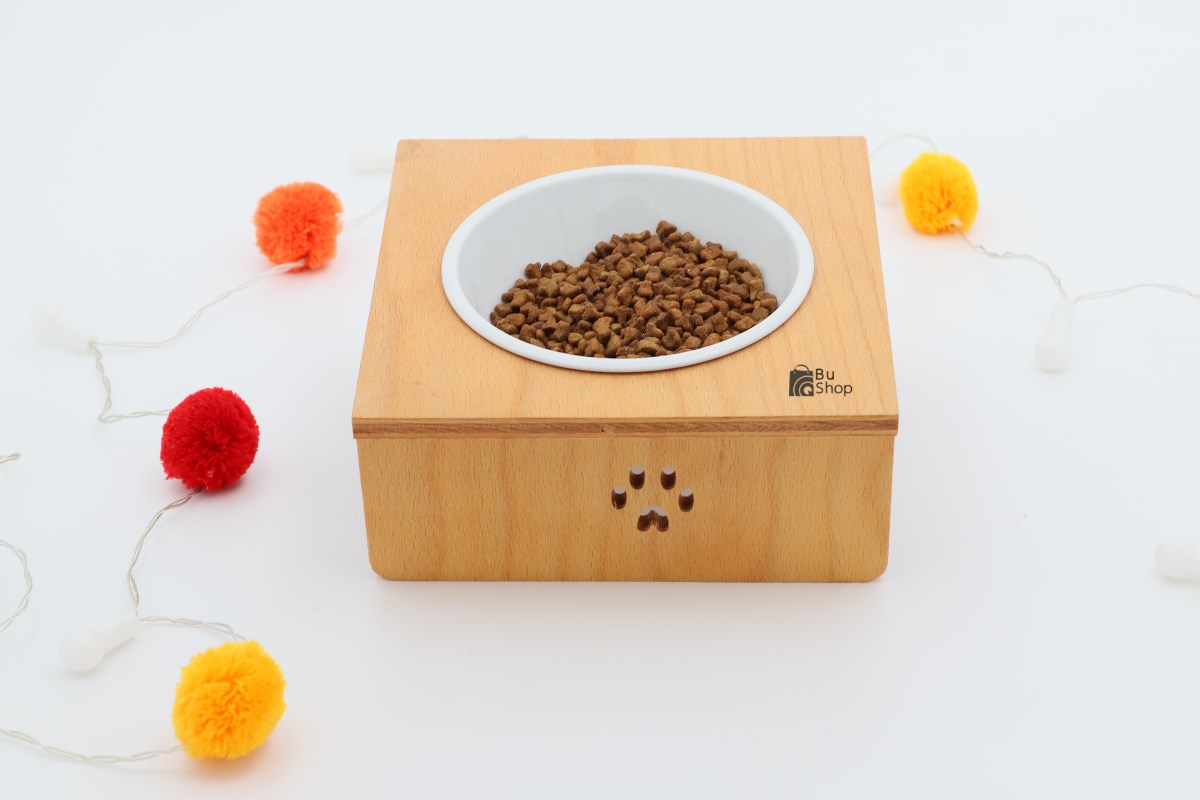 Kedi Köpek Mama Ve Su Kabı-Kırılmaz Melamin Tekli Kase Hediyeli-Kontraplak Ahşap-BuShop Yumak 