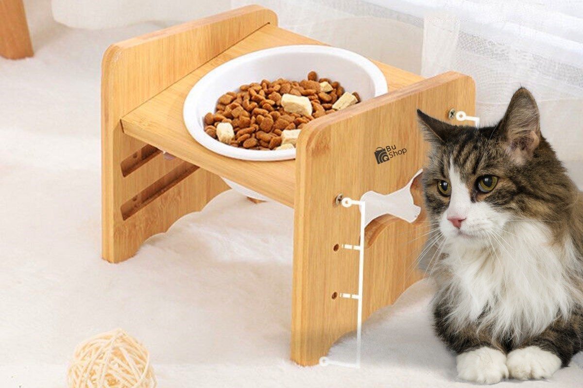 Kedi Köpek Mama Ve Su Kabı-Kırılmaz Melamin Tek Adet Kase Hediyeli-Gerçek Ahşap-Kayın Renk-BuShop Kemik