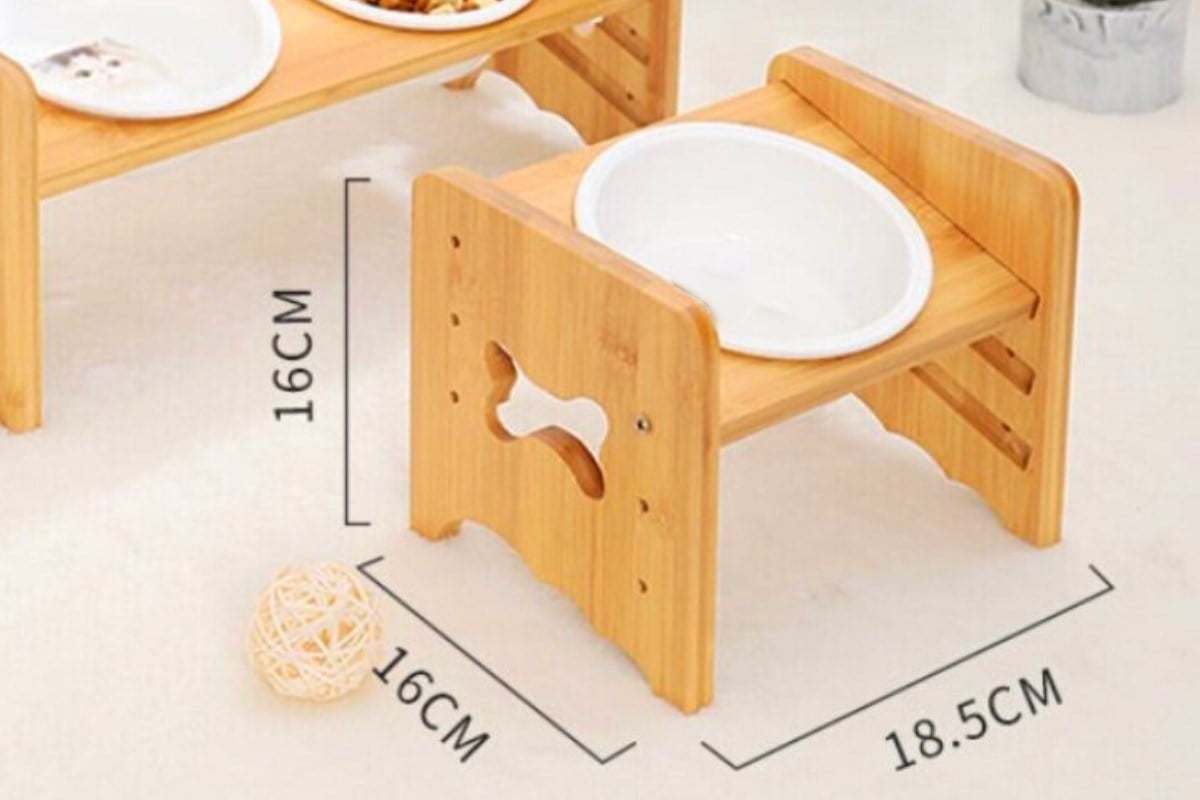 Kedi Köpek Mama Ve Su Kabı-Kırılmaz Melamin Tek Adet Kase Hediyeli-Gerçek Ahşap-Kayın Renk-BuShop Kemik