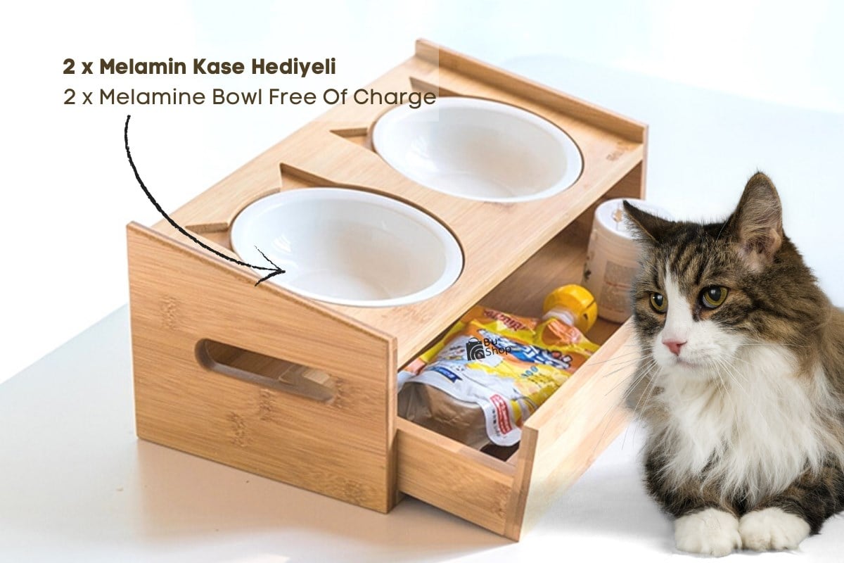 Kedi Köpek Mama Ve Su Kabı-Melamin İki Adet Kase Hediyeli-Gerçek Ahşap-Armut Kiraz-Çekmeceli-BuShop Merlin
