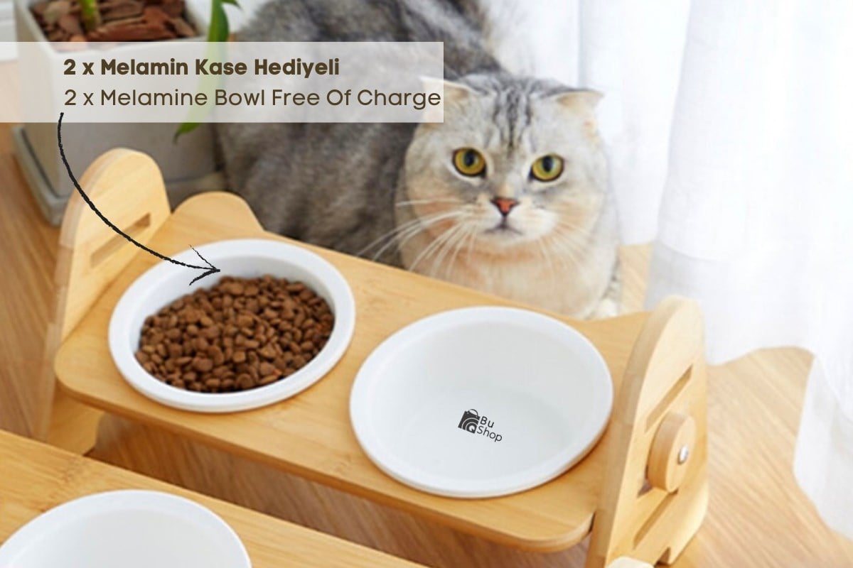 Kedi Köpek Mama Ve Su Kabı-Melamin İki Adet Kase Hediyeli-Gerçek Ahşap-Kayın Renk-BuShop Alfa 