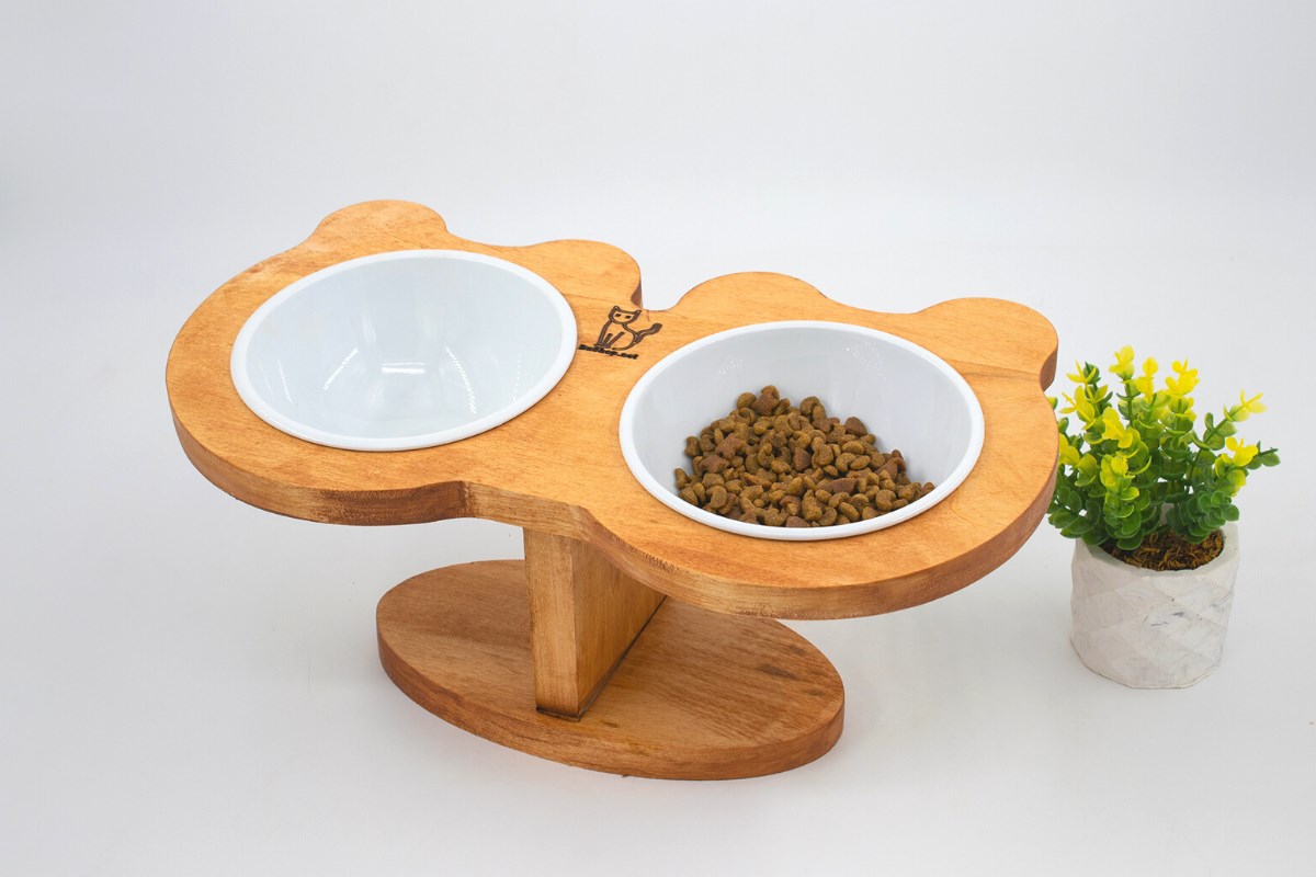 Kedi Köpek Mama Ve Su Kabı-Melamin İki Adet Kase Hediyeli-Gerçek Ahşap-Armut Kiraz-BuShop Boncuk 