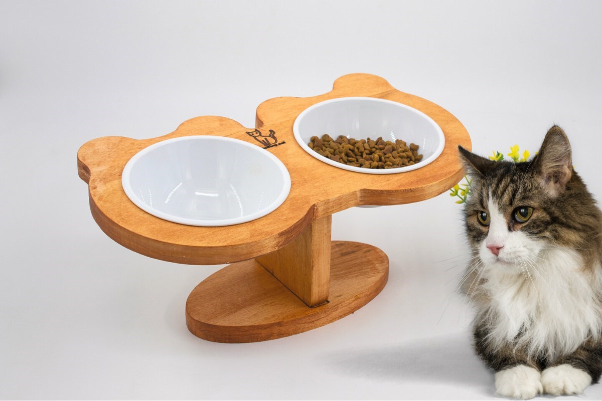 Kedi Köpek Mama Ve Su Kabı-Seramik İki Adet Kase Hediyeli-Gerçek Ahşap-Armut Kiraz-BuShop Boncuk Preminyum