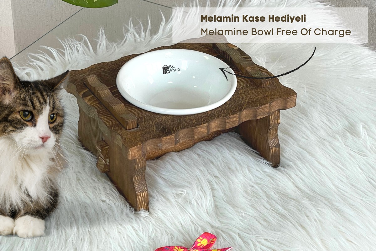 Kedi Köpek Mama Ve Su Kabı-Melamin Tek Adet Kase Hediyeli-Gerçek Ahşap-Latin Ceviz-BuShop Enrico