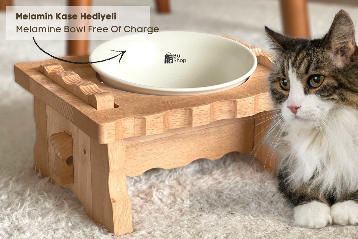 Kedi Köpek Mama Ve Su Kabı-Melamin Tek Adet Kase Hediyeli-Gerçek Ahşap-Kayın Renk-BuShop Enrico 