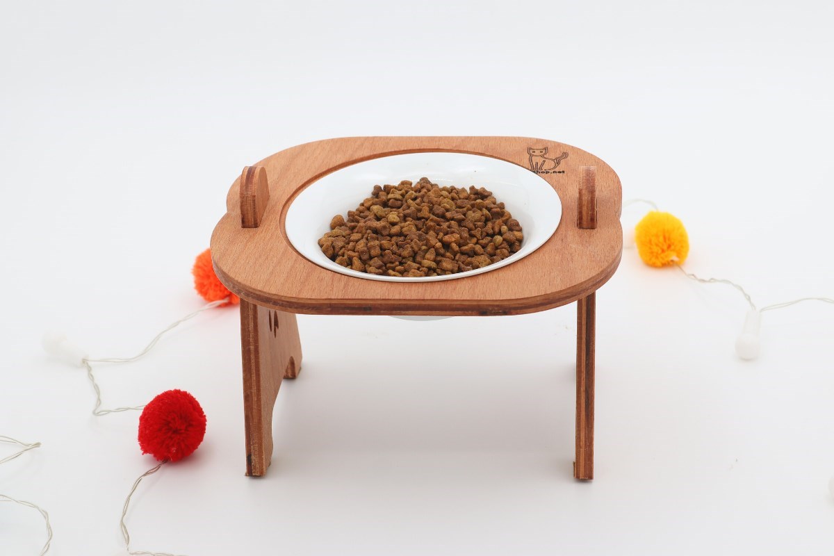Kedi Köpek Mama Ve Su Kabı-Kırılmaz Melamin Bir Adet Kase Hediyeli-Kontraplak Ahşap-Armut Kiraz-BuShop Mişa 