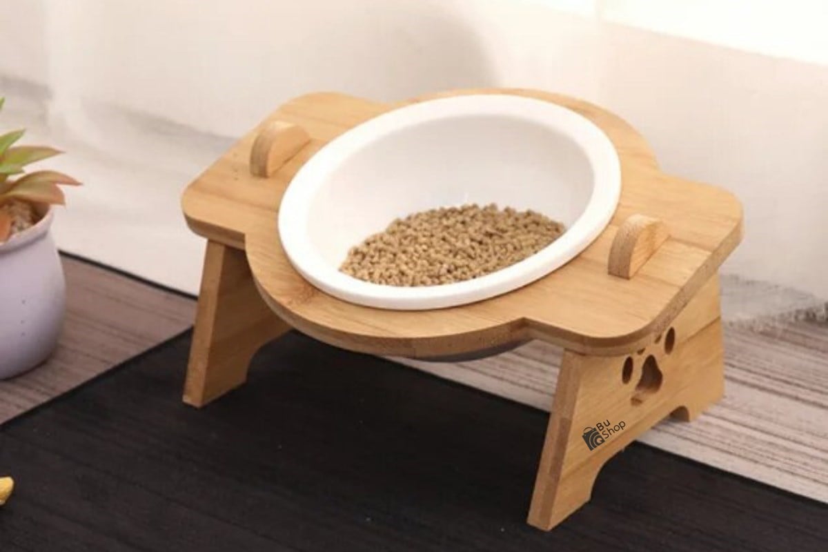 Kedi Köpek Mama Ve Su Kabı-Kırılmaz Melamin Bir Adet Kase Hediyeli-Gerçek Ahşap-Kayın Renk-BuShop Mişa 