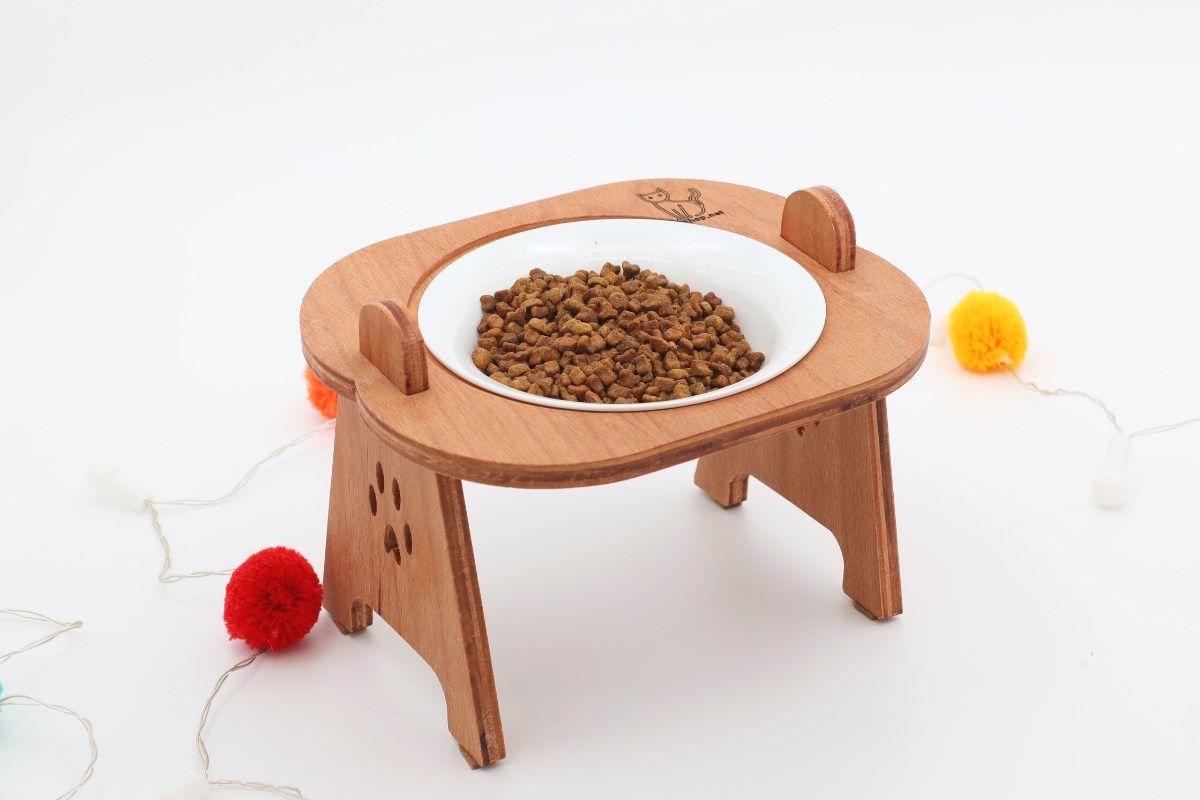 Kedi Köpek Mama Ve Su Kabı-Kırılmaz Melamin Bir Adet Kase Hediyeli-Kontraplak Ahşap-Armut Kiraz-BuShop Mişa 