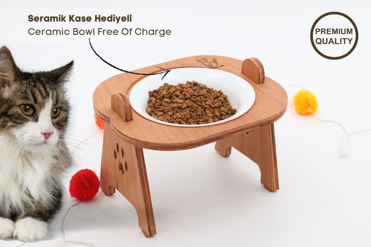 Kedi Köpek Mama Ve Su Kabı-Seramik Bir Adet Kase Hediyeli-Kontraplak Ahşap-Armut Kiraz-BuShop Mişa Preminyum 