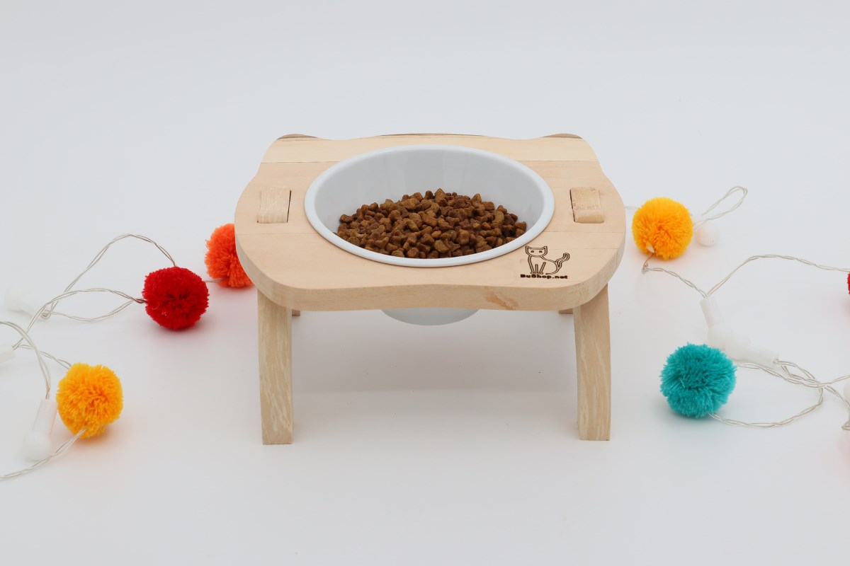 Kedi Köpek Mama Ve Su Kabı-Seramik Bir Adet Kase Hediyeli-Gerçek Ahşap-Ham Boyasız-BuShop Mızmız Preminyum 