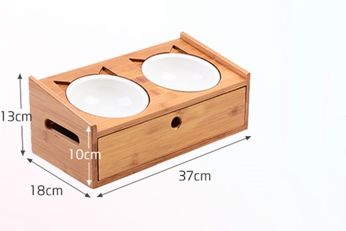 Kedi Köpek Mama Ve Su Kabı-Seramik İki Adet Kase Hediyeli-Gerçek Ahşap-Armut Kiraz-Çekmeceli-BuShop Merlin Preminyum