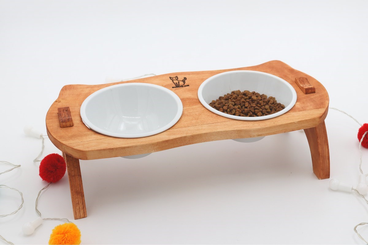 Kedi Köpek Mama Ve Su Kabı-Kırılmaz Melamin İki Adet Kase Hediyeli-Gerçek Ahşap-Armut Kiraz-BuShop Mızmız