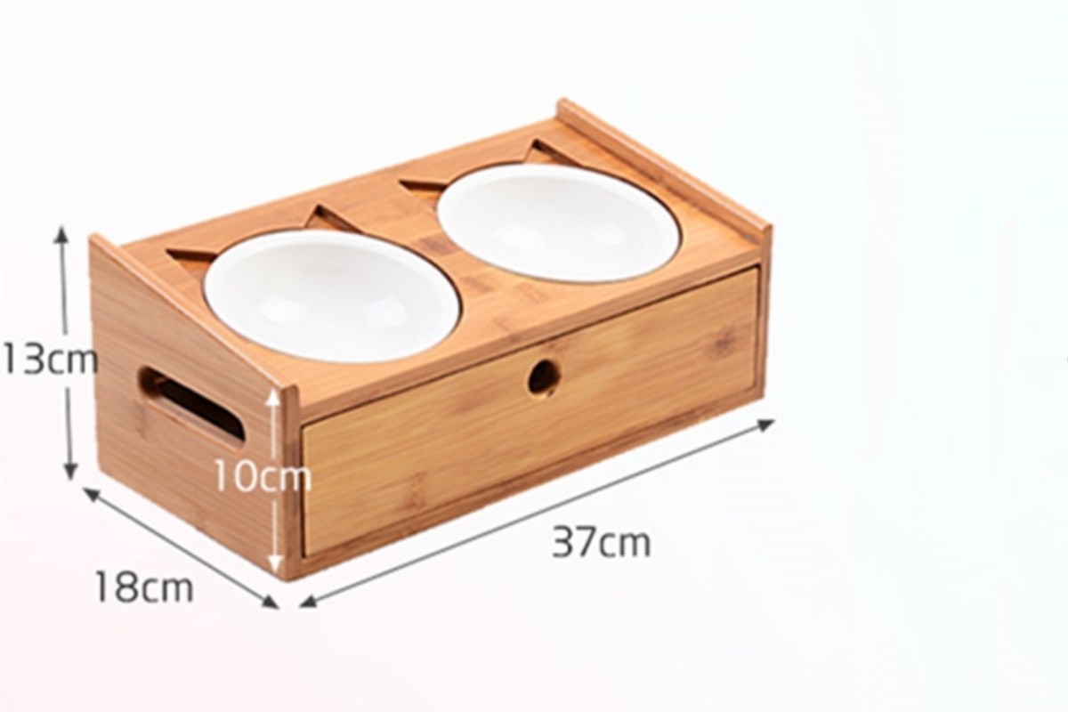 Kedi Köpek Mama Ve Su Kabı-Çelik İki Adet Kase Hediyeli-Gerçek Ahşap-Armut Kiraz-Çekmeceli-BuShop Merlin