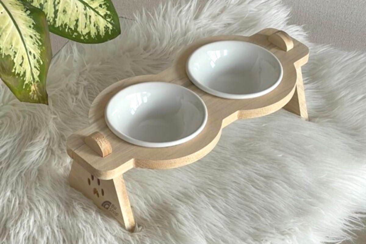  Kedi Köpek Mama Ve Su Kabı Gerçek Ahşap Kaydırmaz Çift Kaseli BuShop Mişa