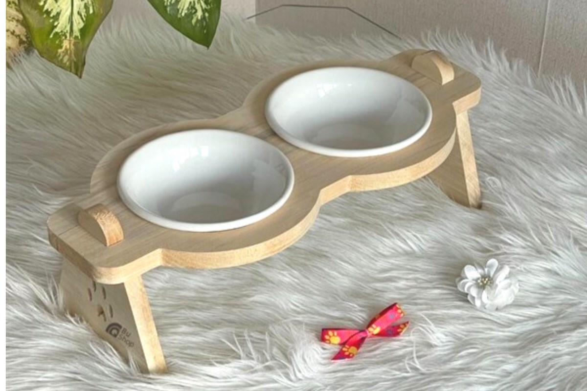  Kedi Köpek Mama Ve Su Kabı Gerçek Ahşap Kaydırmaz Çift Kaseli BuShop Mişa