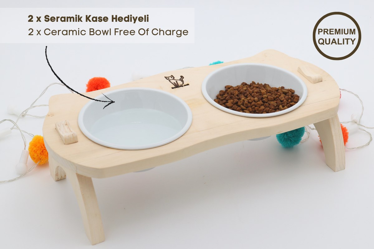 Kedi Köpek Mama Ve Su Kabı-Seramik İki Adet Kase Hediyeli-Gerçek Ahşap-Ham Boyasız-BuShop Mızmız Preminyum 