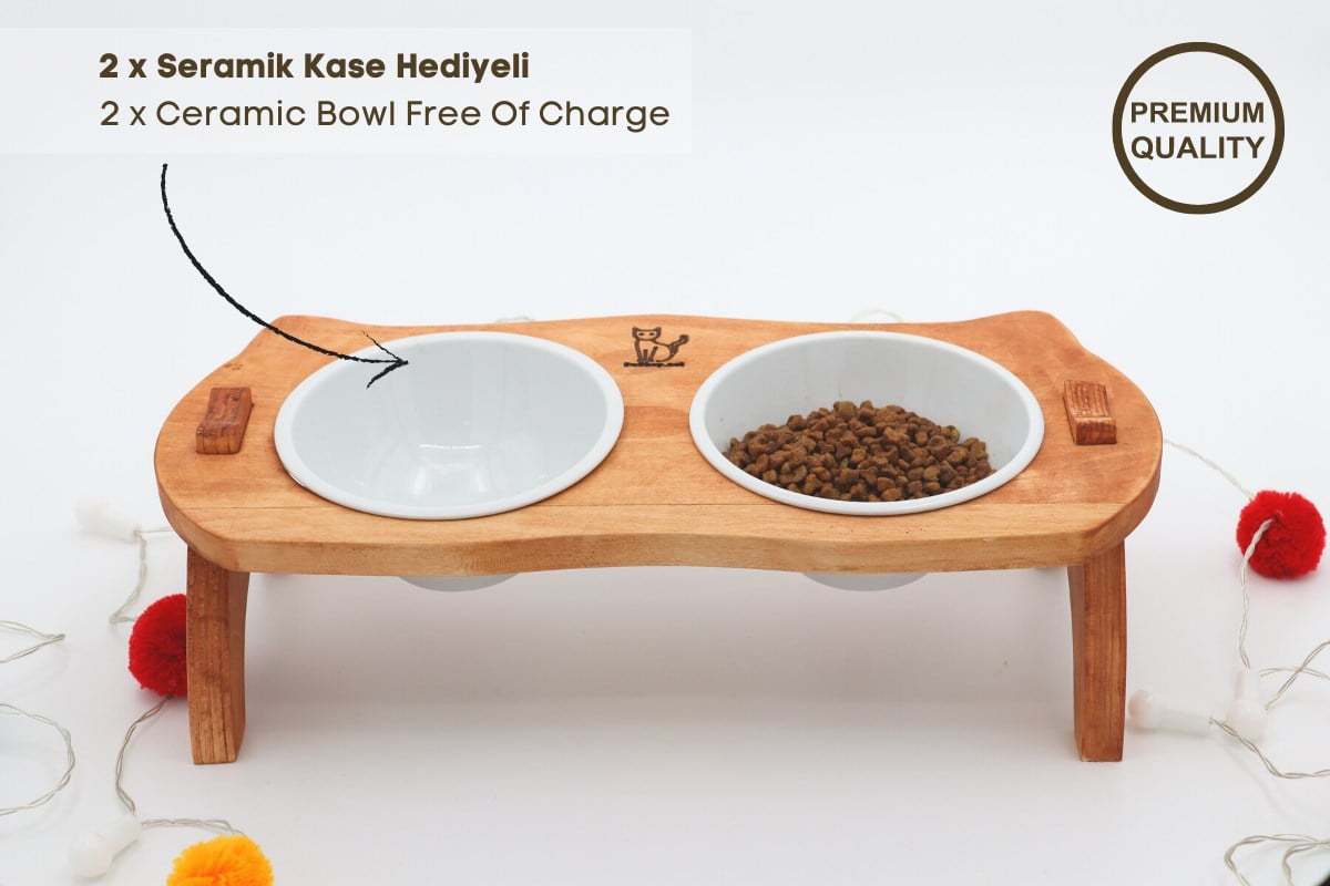 Kedi Köpek Mama Ve Su Kabı-Seramik İki Adet Kase Hediyeli-Gerçek Ahşap-Armut Kiraz-BuShop Mızmız Preminyum 