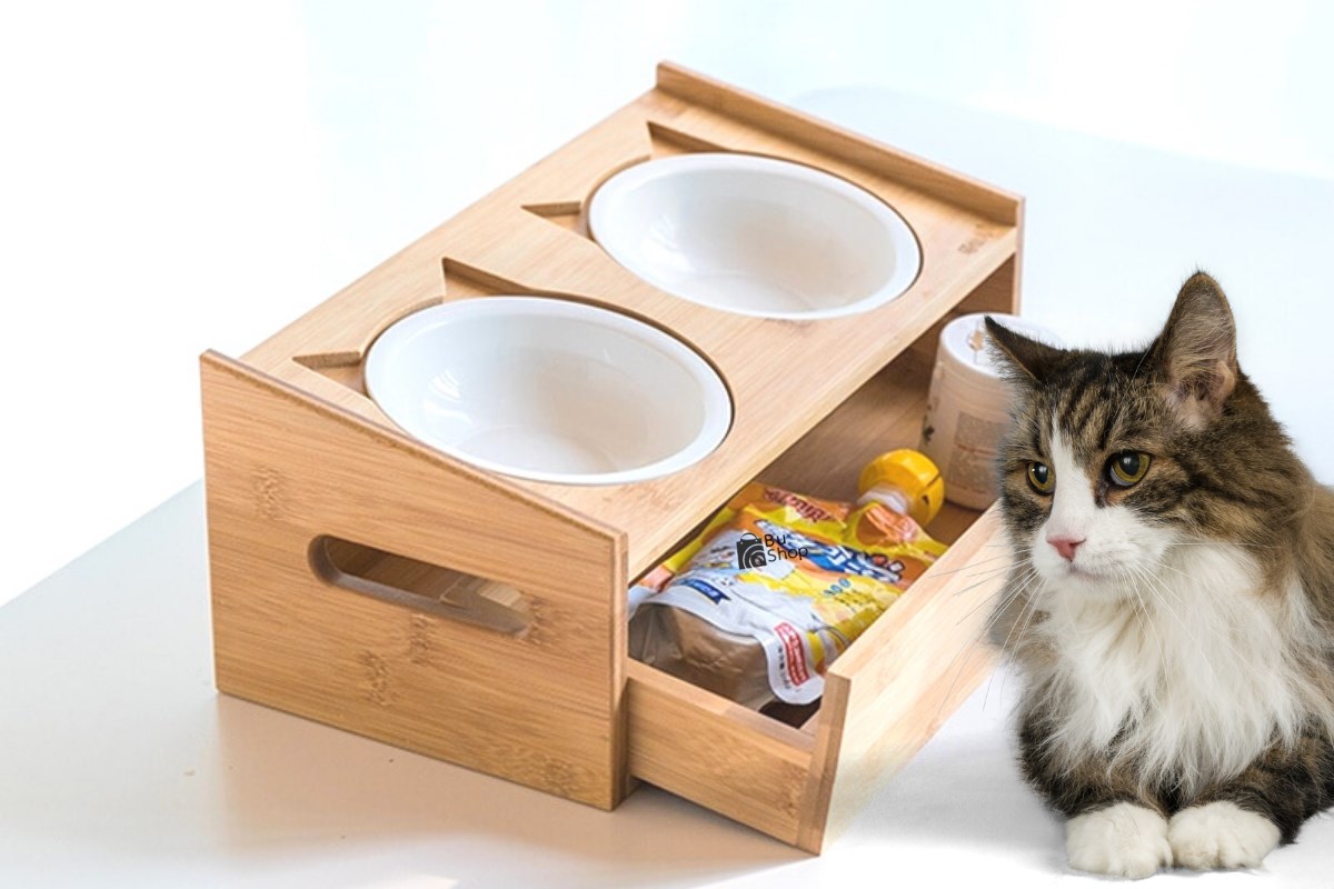 Kedi Köpek Mama Ve Su Kabı-Seramik İki Adet Kase Hediyeli-Gerçek Ahşap-Armut Kiraz-Çekmeceli-BuShop Merlin Preminyum