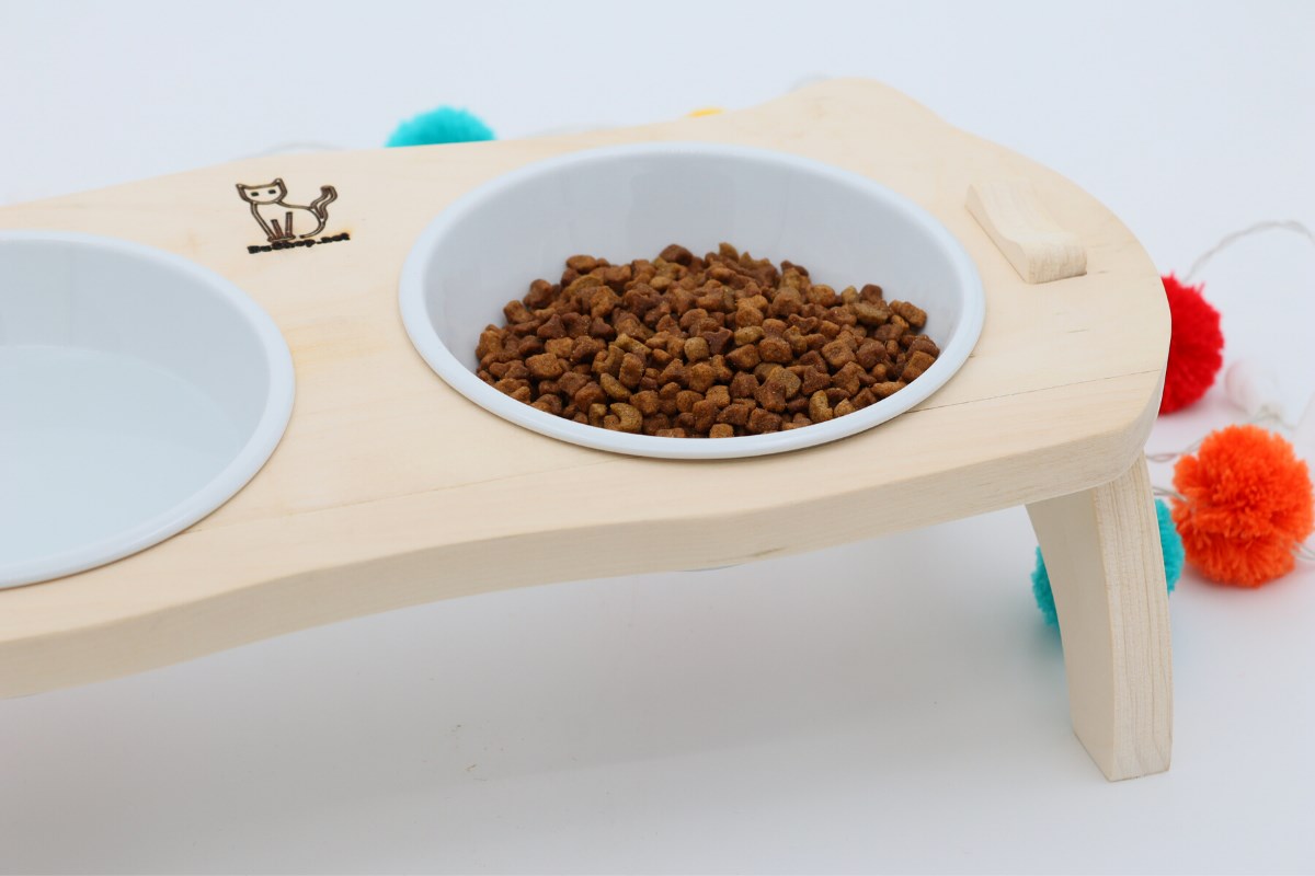 Kedi Köpek Mama Ve Su Kabı-Seramik İki Adet Kase Hediyeli-Gerçek Ahşap-Ham Boyasız-BuShop Mızmız Preminyum 